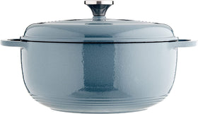 Lodge Essential Enamel Dutch Oven Storm Blue lid that locks in moisture.