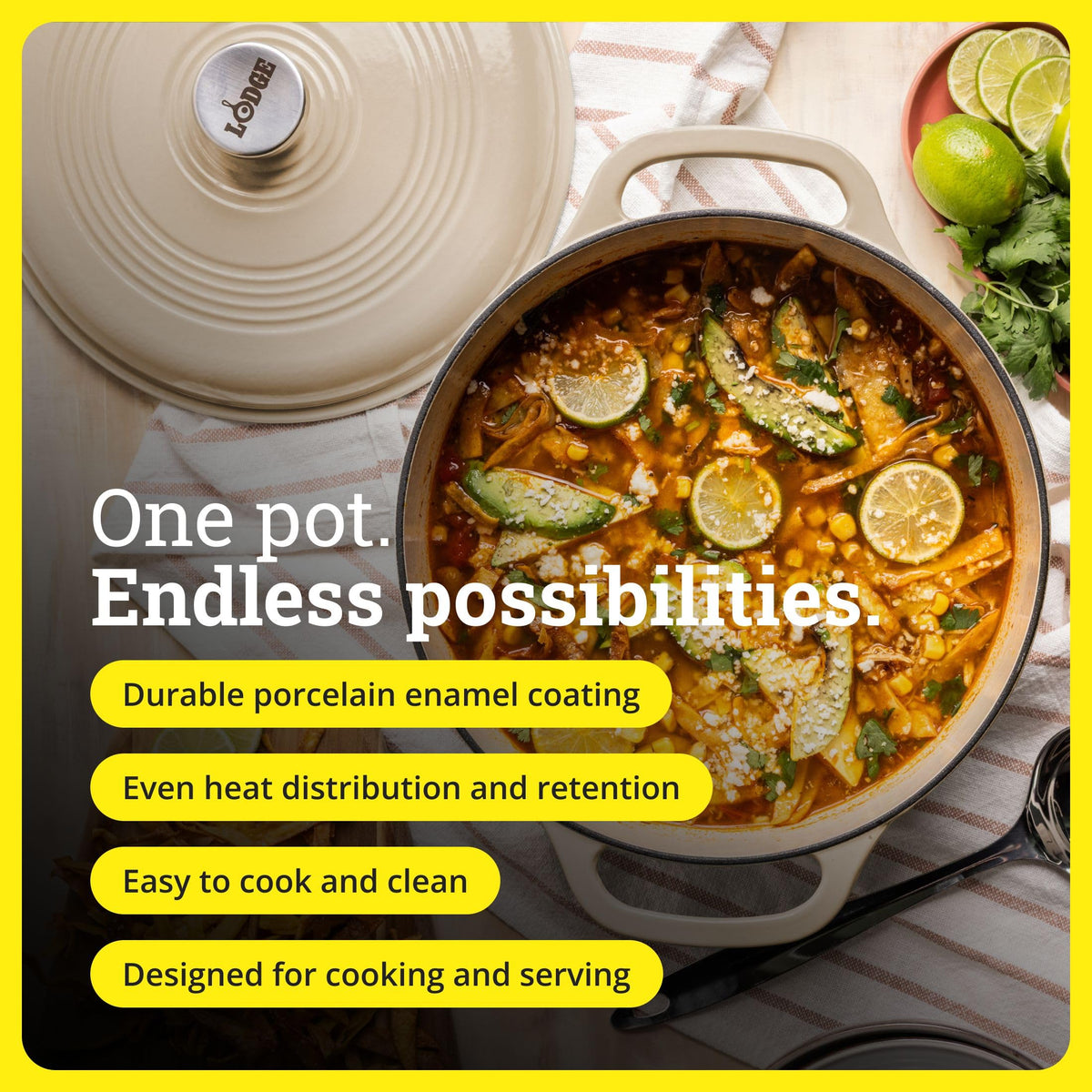 Lodge Essential Enamel Cast Iron Dutch Oven braising meats evenly and browning beautifully.