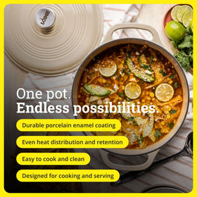 Lodge Essential Enamel Cast Iron Dutch Oven braising meats evenly and browning beautifully.