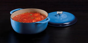 Lodge Essential enamel cast iron dutch oven interior shows a smooth, non-toxic enamel surface