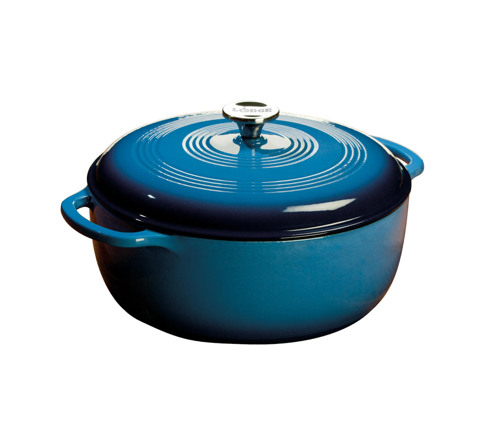 Lodge Essential enamel cast iron dutch oven lid demonstrates moisture-locking design for braising