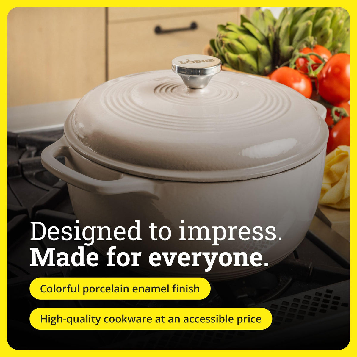 Lodge Essential Enamel Cast Iron Dutch Oven sandalwood finish with moisture-sealing lid.