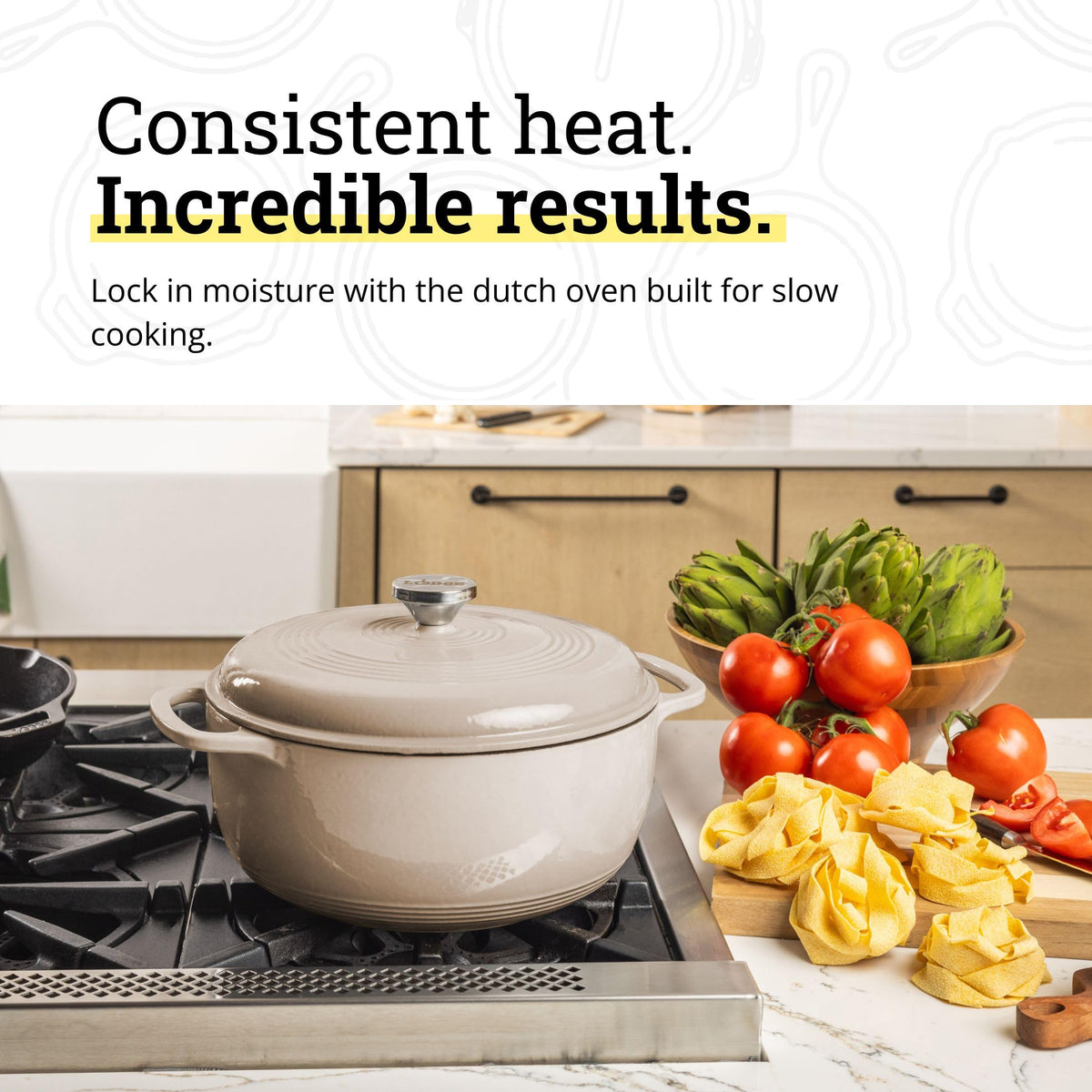 Lodge Essential Enamel Cast Iron Dutch Oven simmering sauces and stews to perfection.