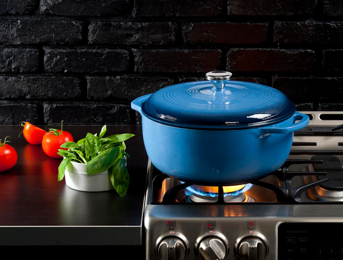 Lodge Essential enamel cast iron dutch oven table-ready appearance supports versatile stove-to-table use