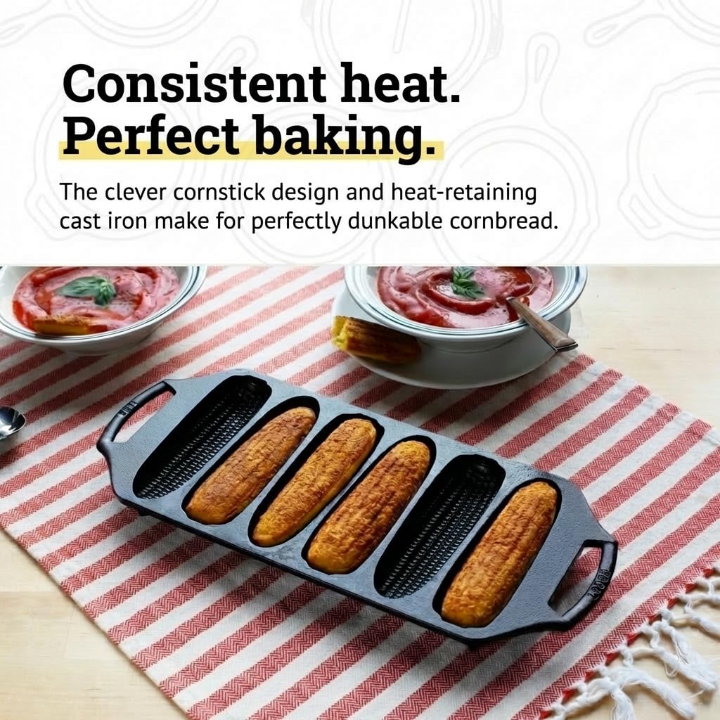 Lodge cornstick pan demonstrates even heat distribution for uniform browning.