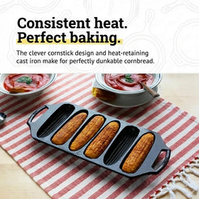Lodge cornstick pan demonstrates even heat distribution for uniform browning.
