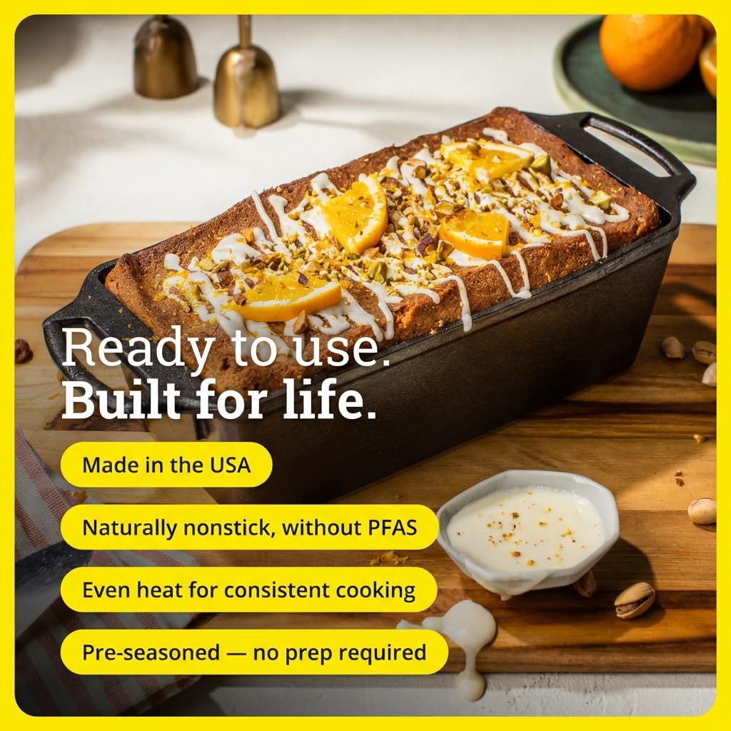 Lodge loaf pan surface is pre-seasoned for easy release after baking.
