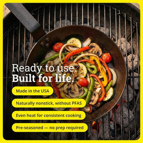 Long-handle Lodge skillet designed for stovetop and oven cooking