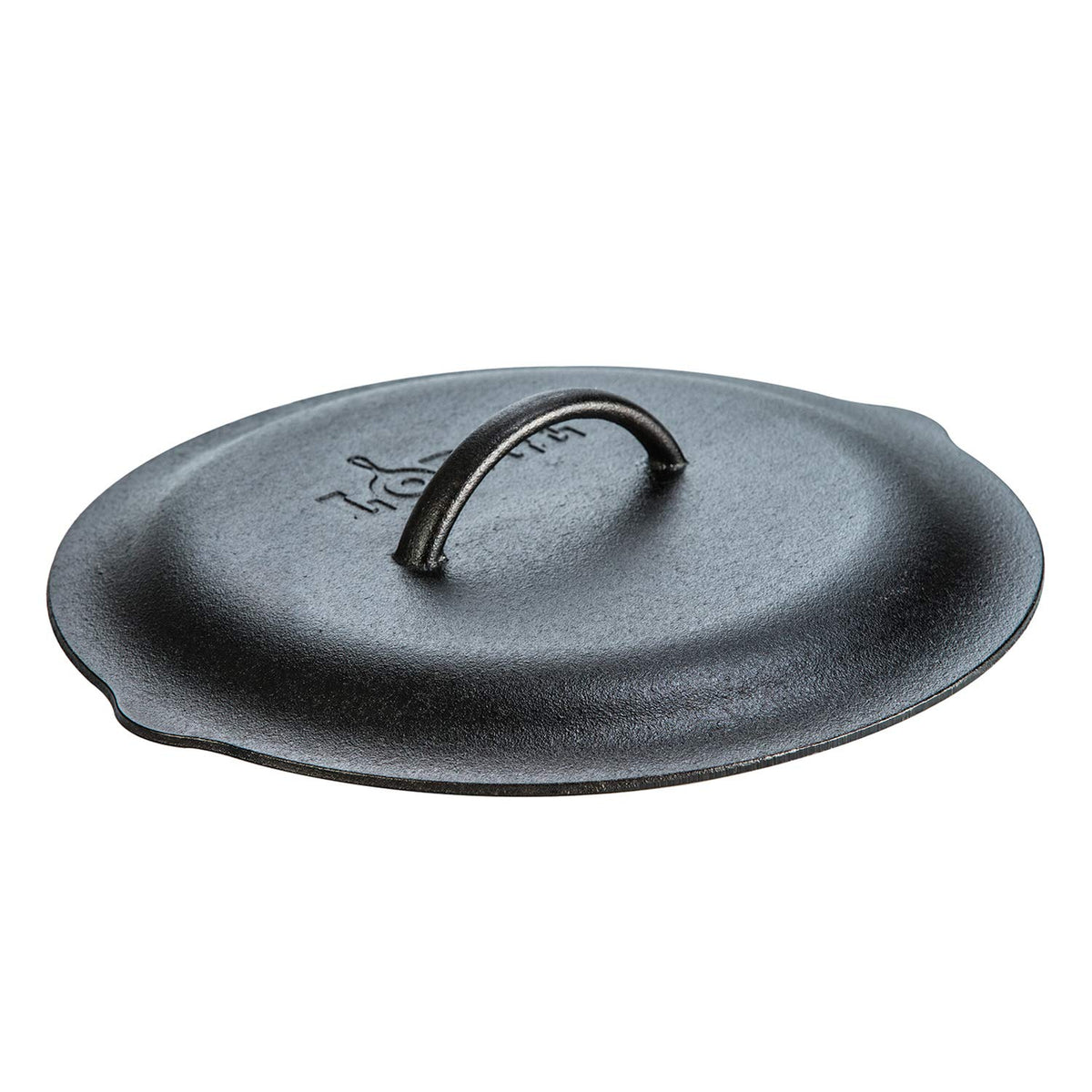 Lodge made-in-USA lid versatile for oven, stove, grill, or campfire cooking.