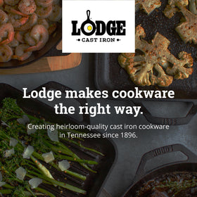 Lodge skillet with generous pour spouts and smooth sidewalls.
