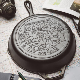 Pre-seasoned Lodge skillet with natural oil finish for easy release and rust resistance.