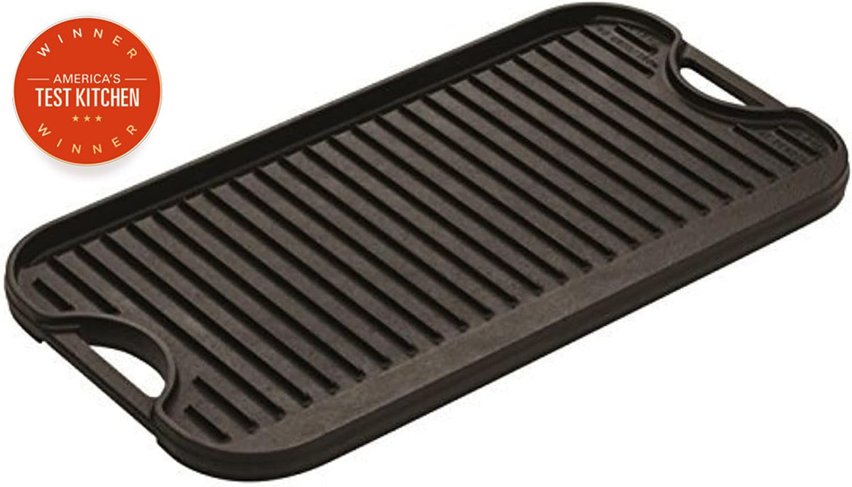 Lodge Pro-Grid flat-top side ideal for pancakes and eggs, easy cleanup