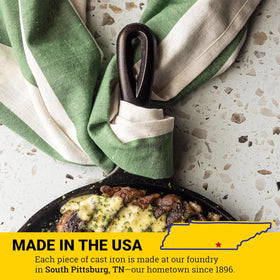 Lodge Round Seasoned Cast Iron Griddle campfire-ready for outdoor breakfasts