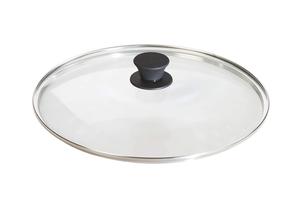 Lodge round tempered glass lid on a 12-inch skillet, seals moisture and lets you monitor progress.