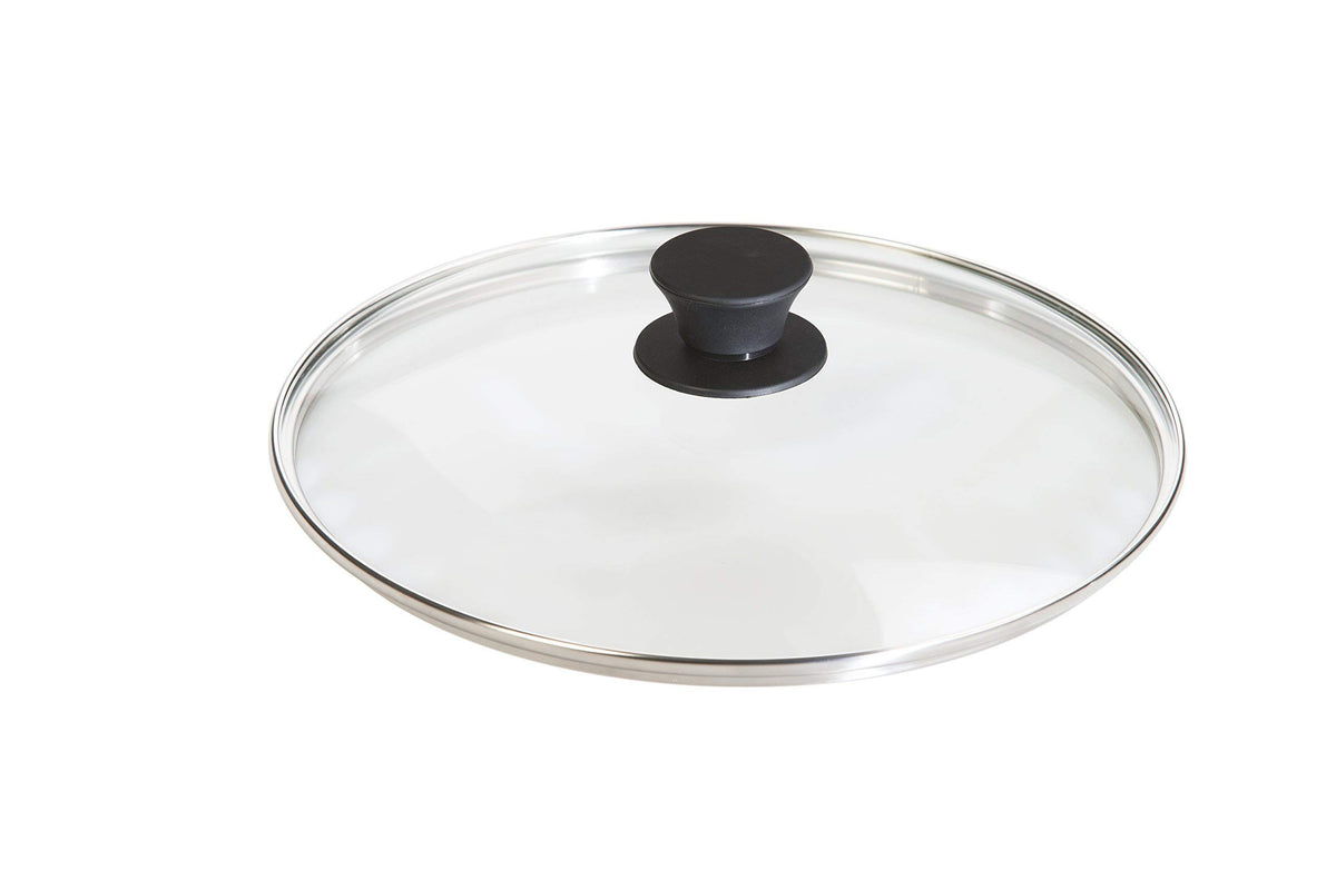 Lodge round tempered glass lid on a 10.25-inch skillet, showcasing peek-through view