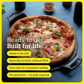 Lodge Seasoned Cast Iron Pizza Pan emphasizes even heat distribution for consistent crust