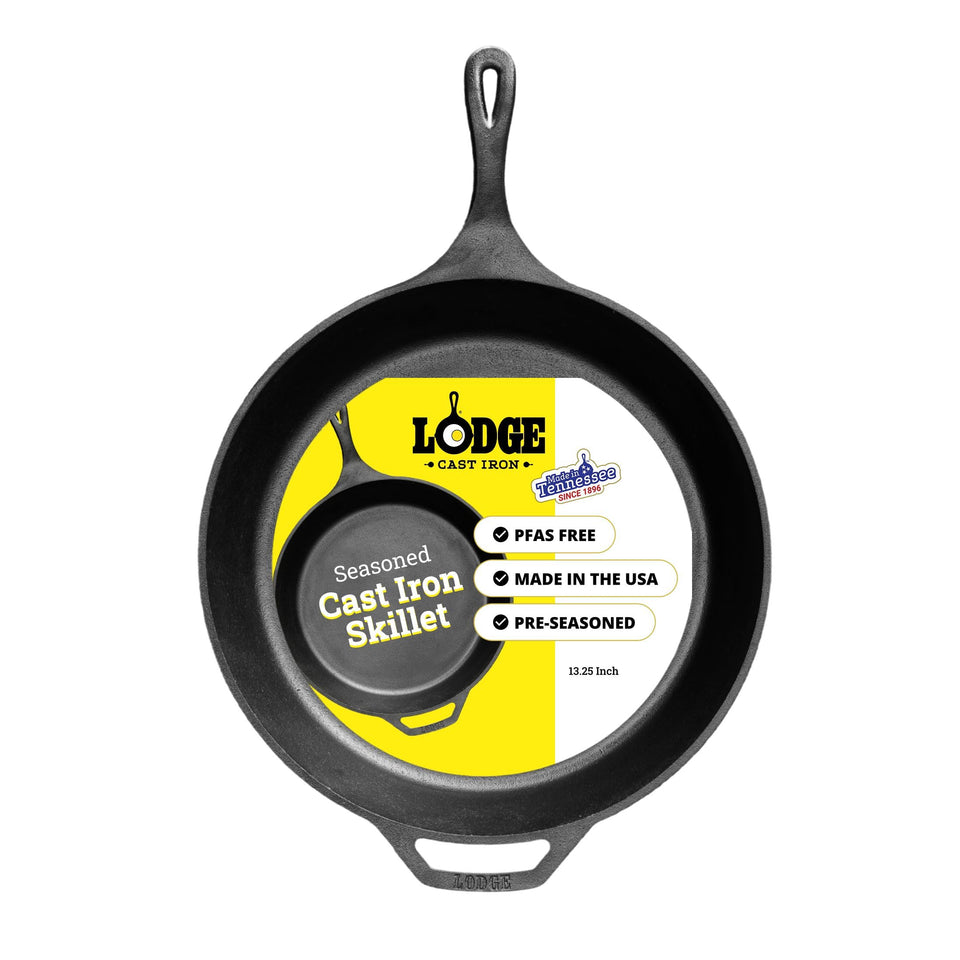 Lodge Seasoned Cast Iron Skillet top view shows wide cooking surface for even heat.
