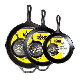 Lodge Seasoned Cast Iron Skillet shown fresh from packaging, ready for versatile cooking.