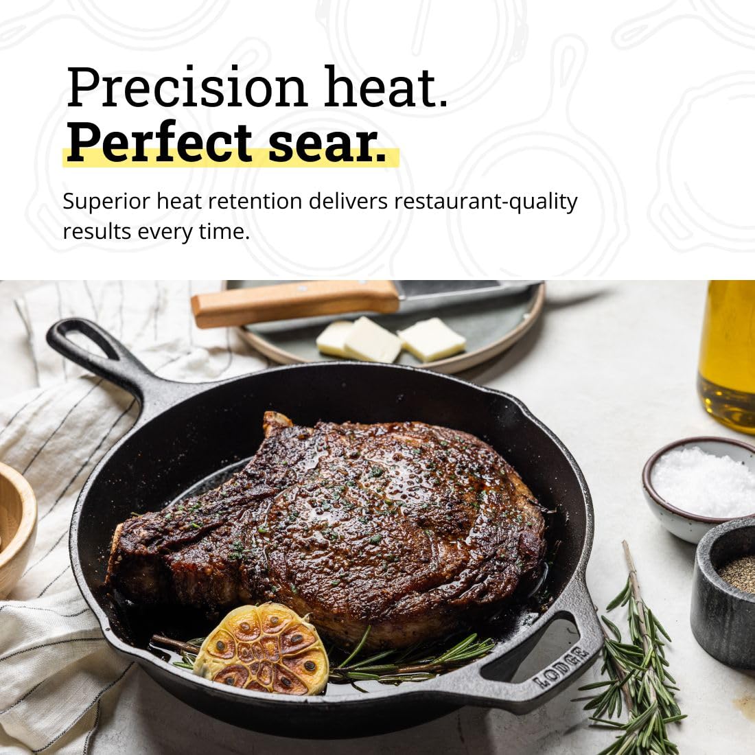 Searing steak in Lodge skillet highlighting durable heat retention.