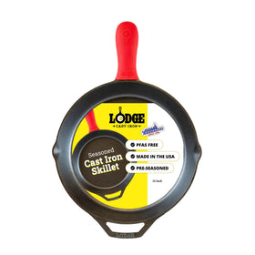 Lodge Seasoned Cast Iron Skillet on a stovetop provides even heat for daily meals