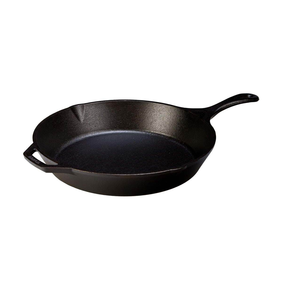 Lodge Seasoned Cast Iron Skillet teardrop handle close-up for easy lifting.