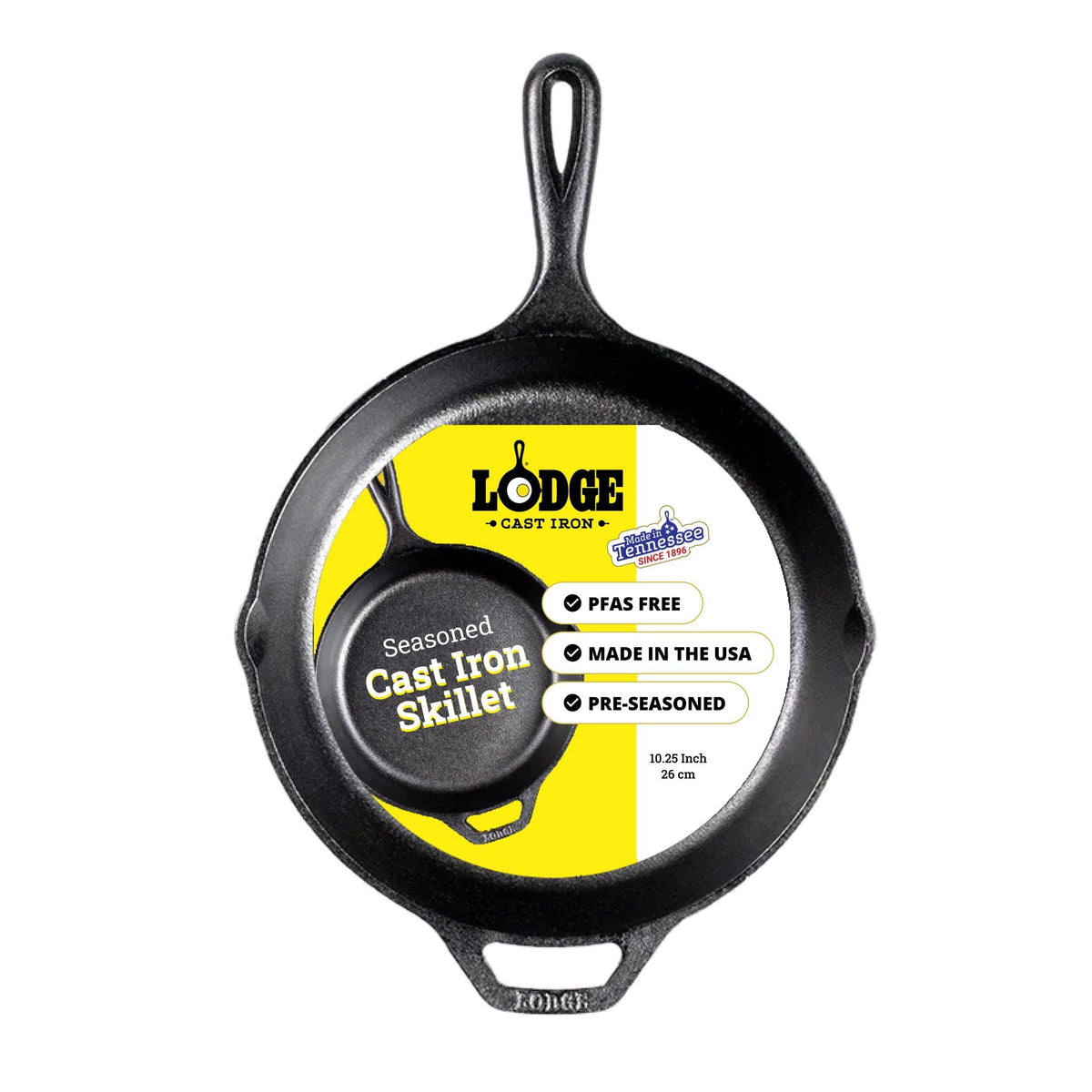 Lodge Seasoned Cast Iron Skillet top view shows rugged cooking surface for even heat