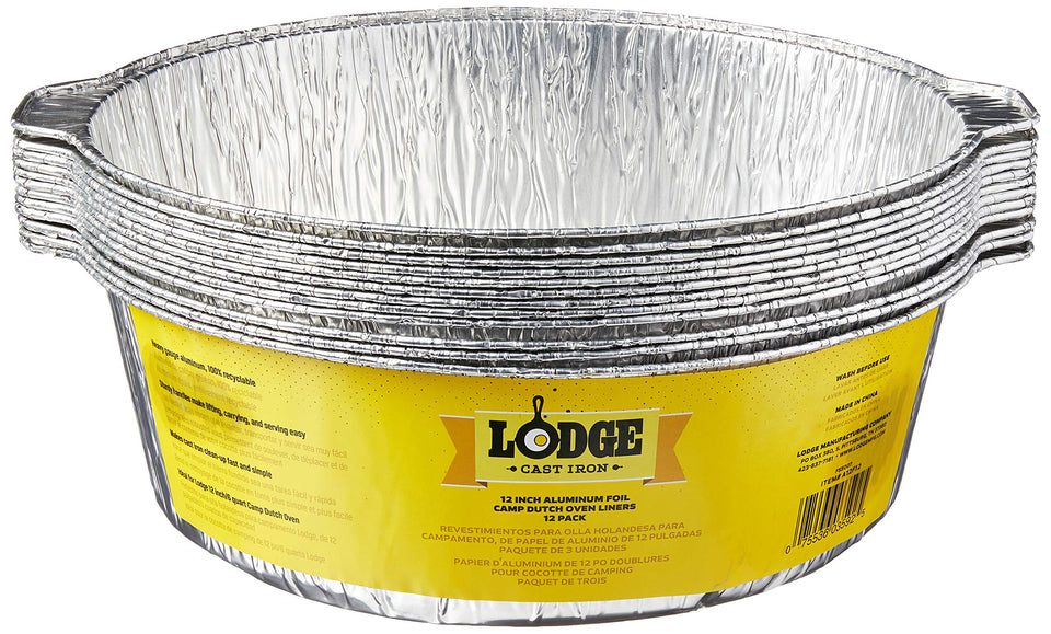 Lodge silver 12-inch liner emphasizes durability for easy lifting and serving outdoors.