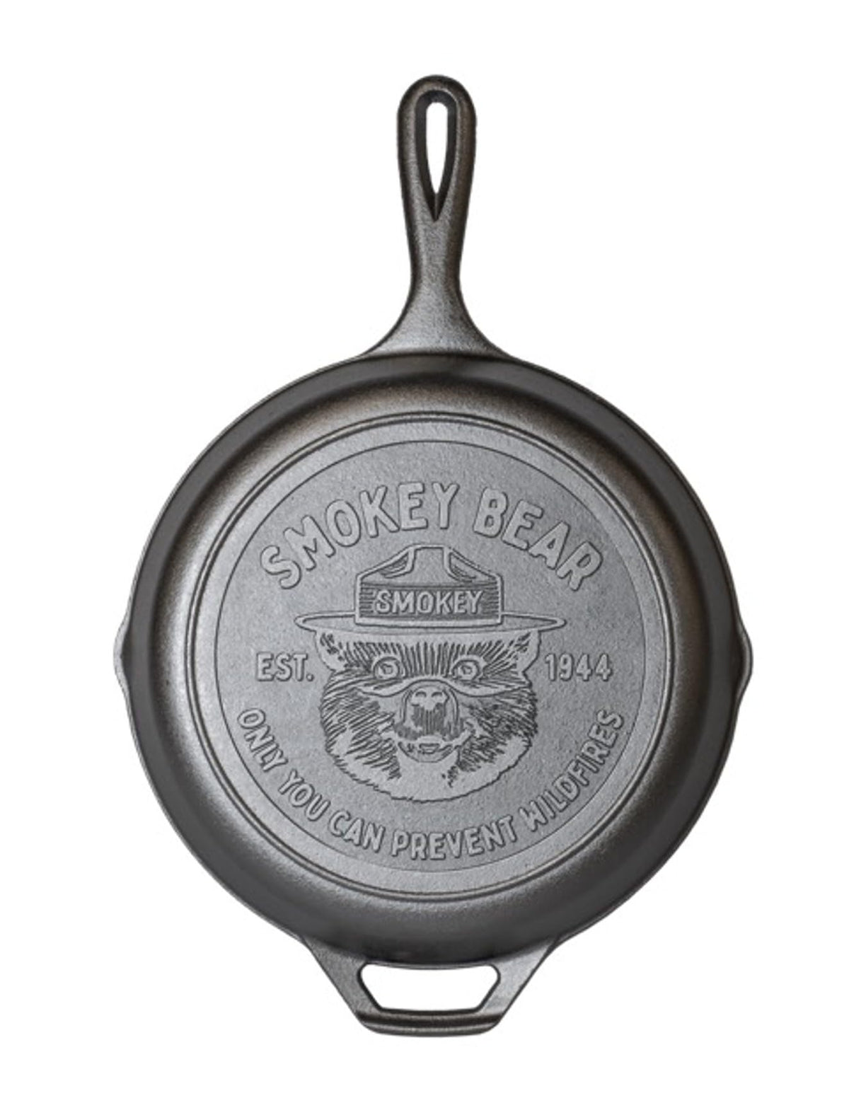 Lodge 10.25-inch skillet with Smokey Bear logo, ideal for searing and baking tasty results.