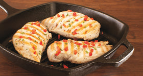 Lodge Square Grill Pan burger sear with raised ridges shaping authentic grill marks