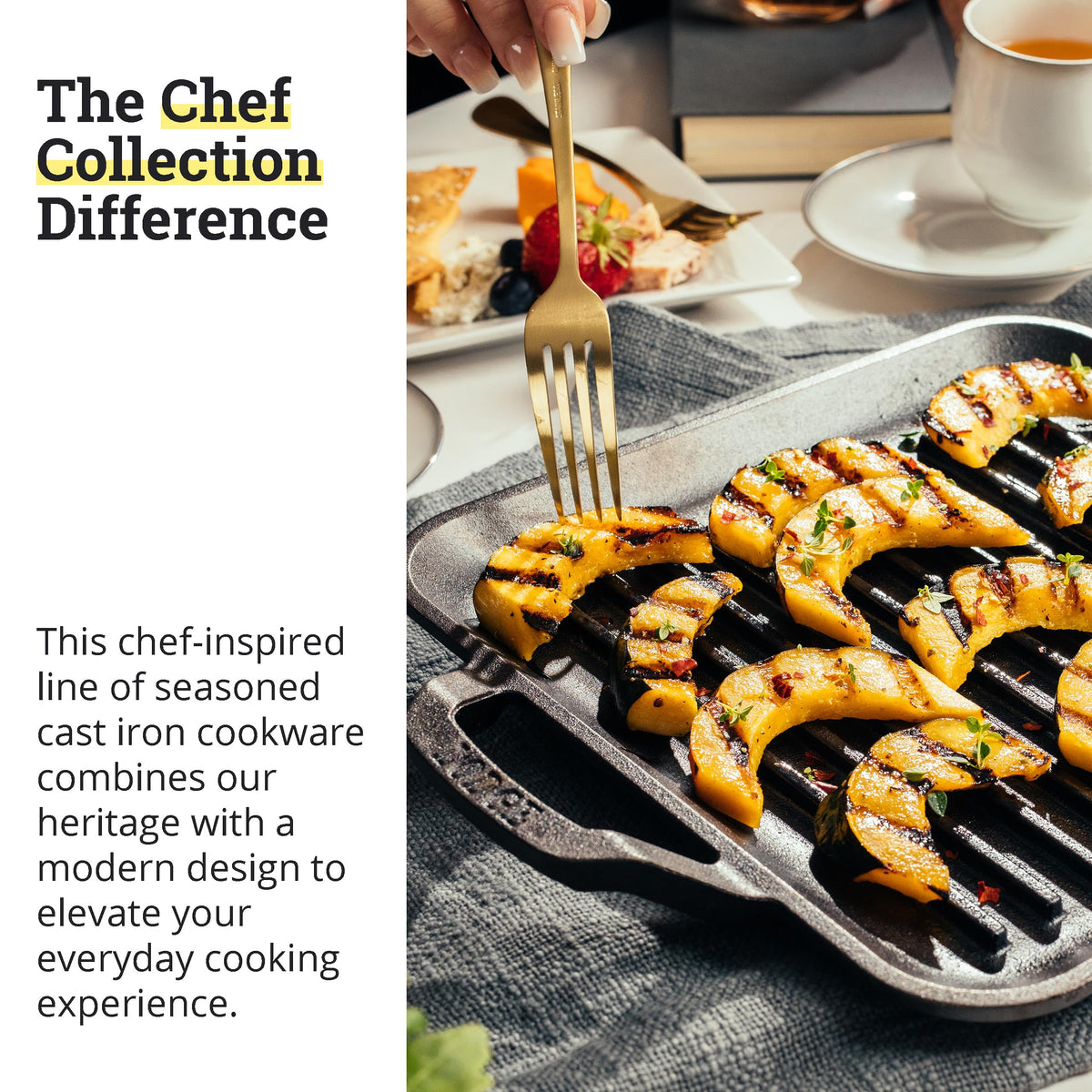 Lodge square grill pan on grill, leaving distinct sear marks.