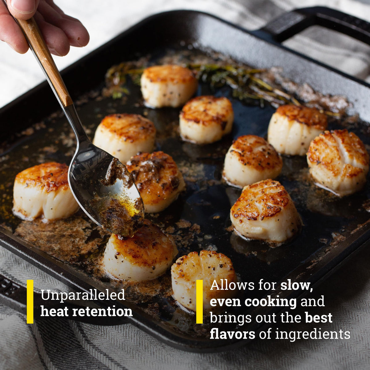 Lodge square grill pan on a stovetop, demonstrating even heating.