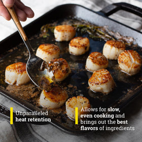 Lodge square grill pan on a stovetop, demonstrating even heating.