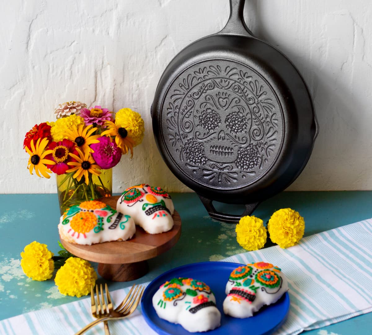 Lodge Sugar Skull skillet suited for oven, stove, or grill cooking.