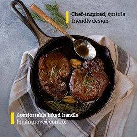 Lodge skillet shows superior heat retention for even browning.