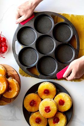 Lodge cast iron mini cake pan stacked for storage, family-friendly design