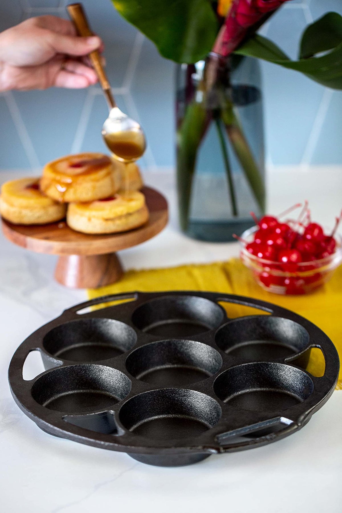 Lodge cast iron mini cake pan close-up texture showing seasoned surface