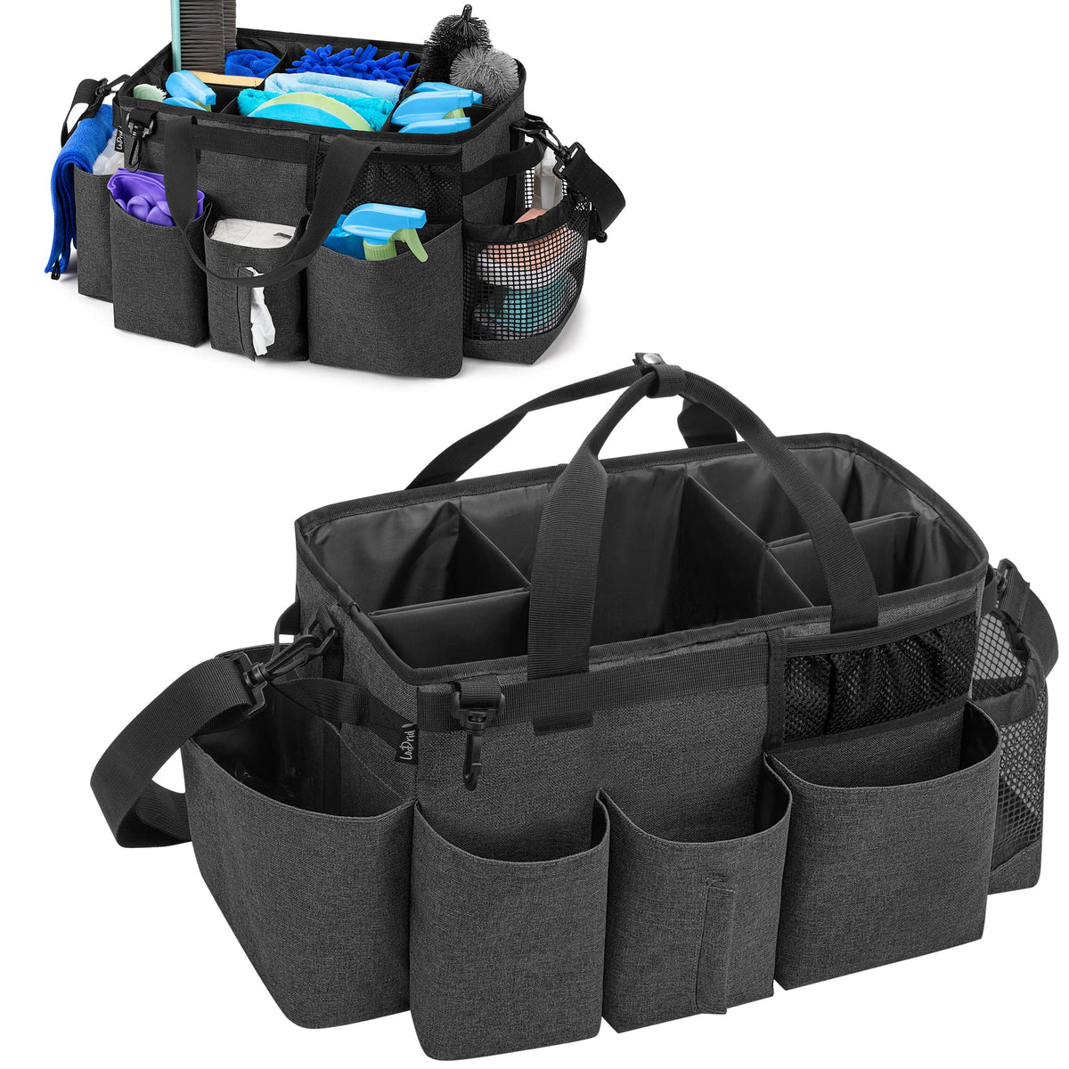 LoDrid wearable cleaning caddy bag with foldable dividers keeps supplies neatly organized.