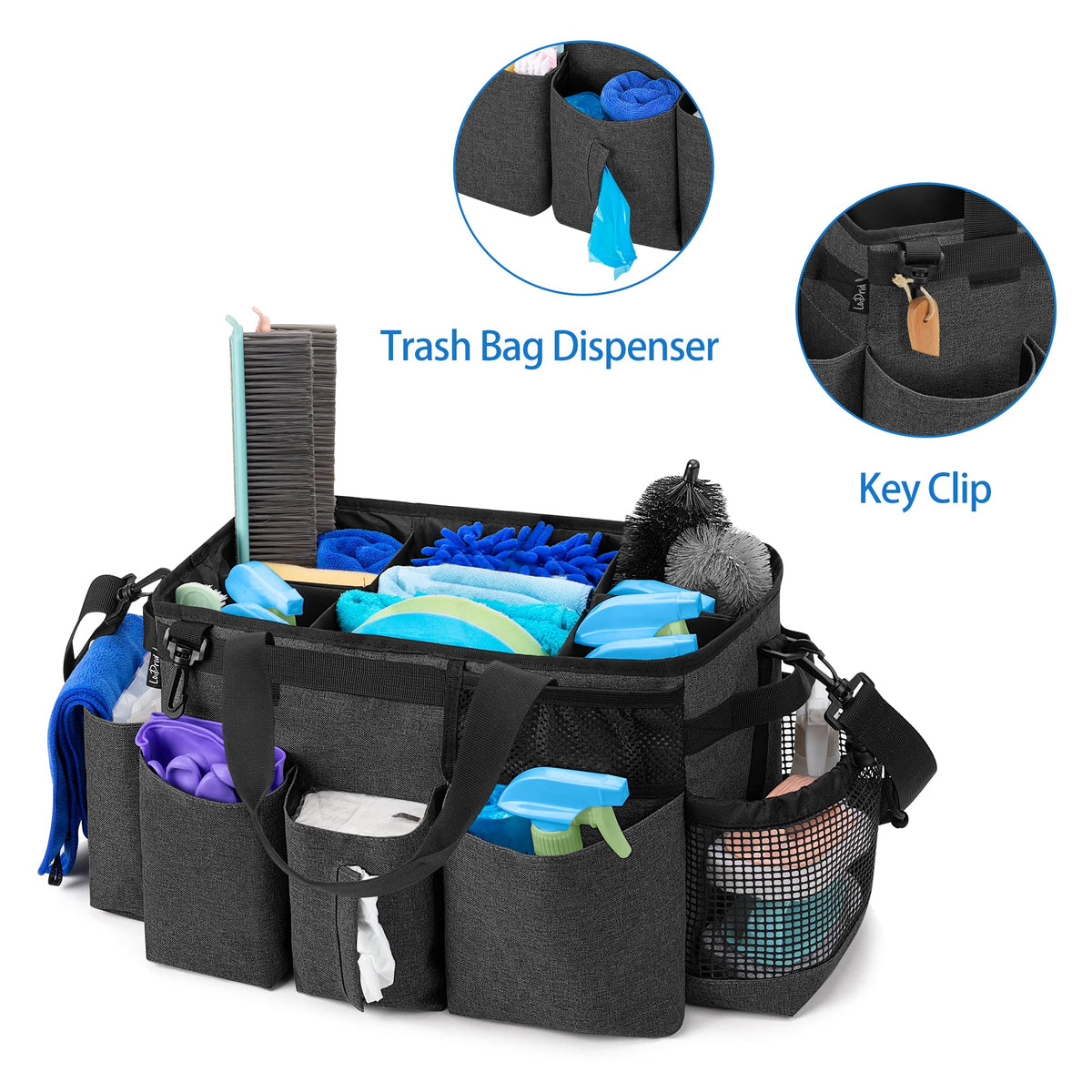 LoDrid cleaning bag with adjustable strap and side handles for comfortable, hands-free carrying.