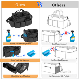 LoDrid caddy features trash bag dispenser and wet pockets for quick-access supplies.