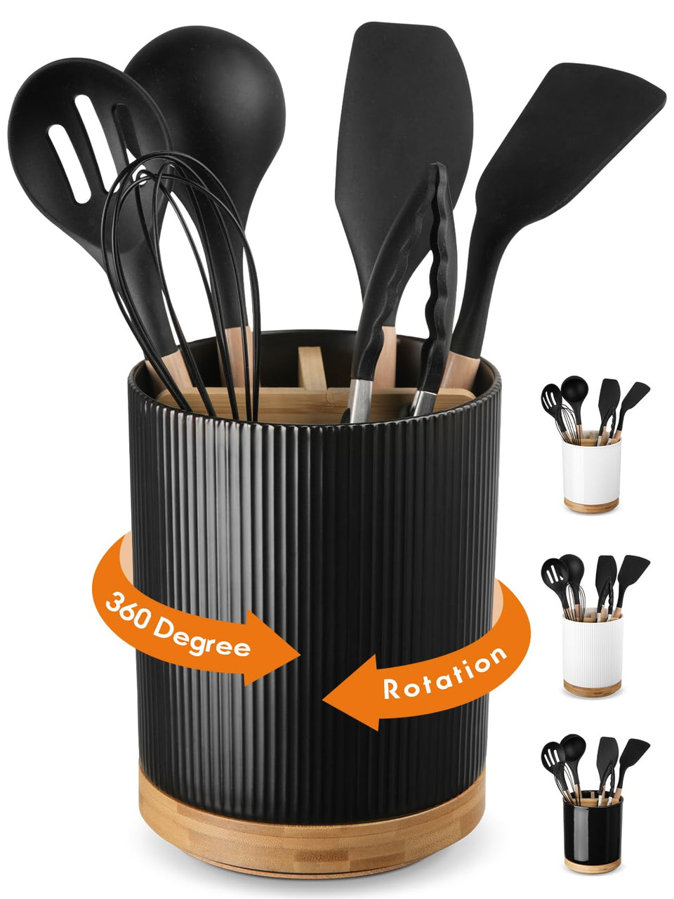 LoeJan 3-compartment utensil holder with 360° rotation for easy reach of spatulas and ladles
