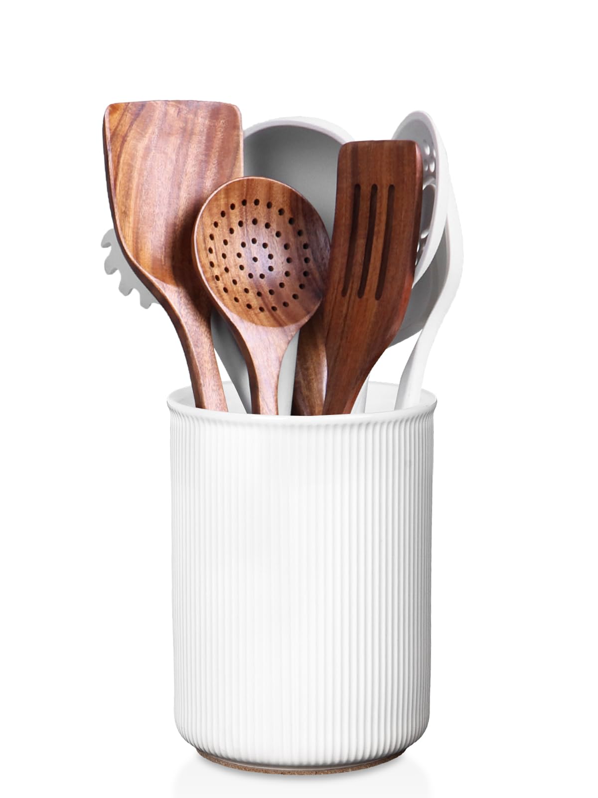 LoeJan ceramic utensil holder in white keeps daily utensils organized.