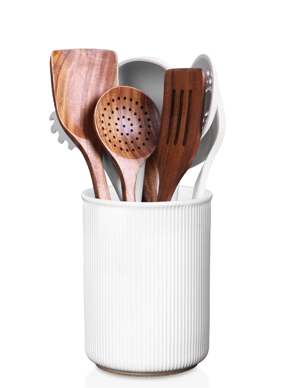 LoeJan ceramic utensil holder in white keeps daily utensils organized.