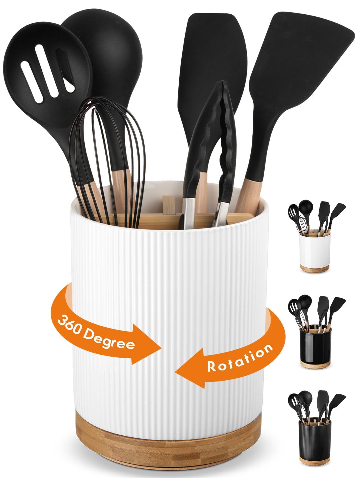 LoeJan utensil holder with 360° rotating base keeps the counter organized.