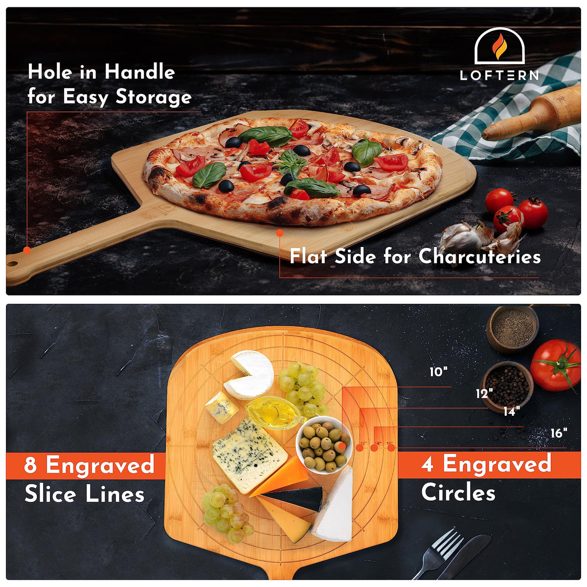 Loftern pizza peel with engraved size circles for 10, 12, 14, and 16 inch pies