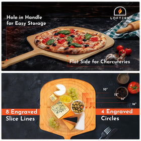 Loftern pizza peel with engraved size circles for 10, 12, 14, and 16 inch pies