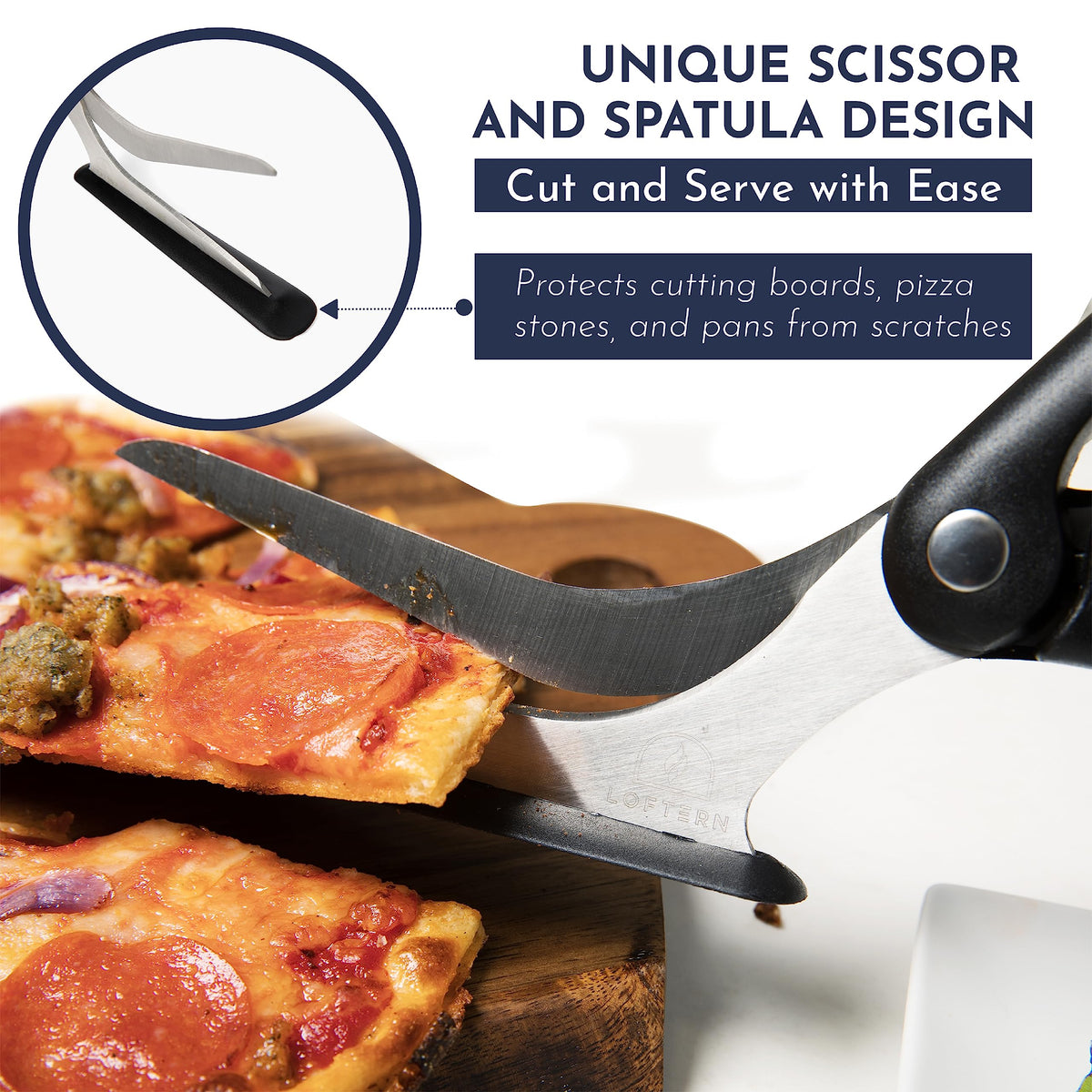 Loftern pizza scissors safety lock for secure storage.
