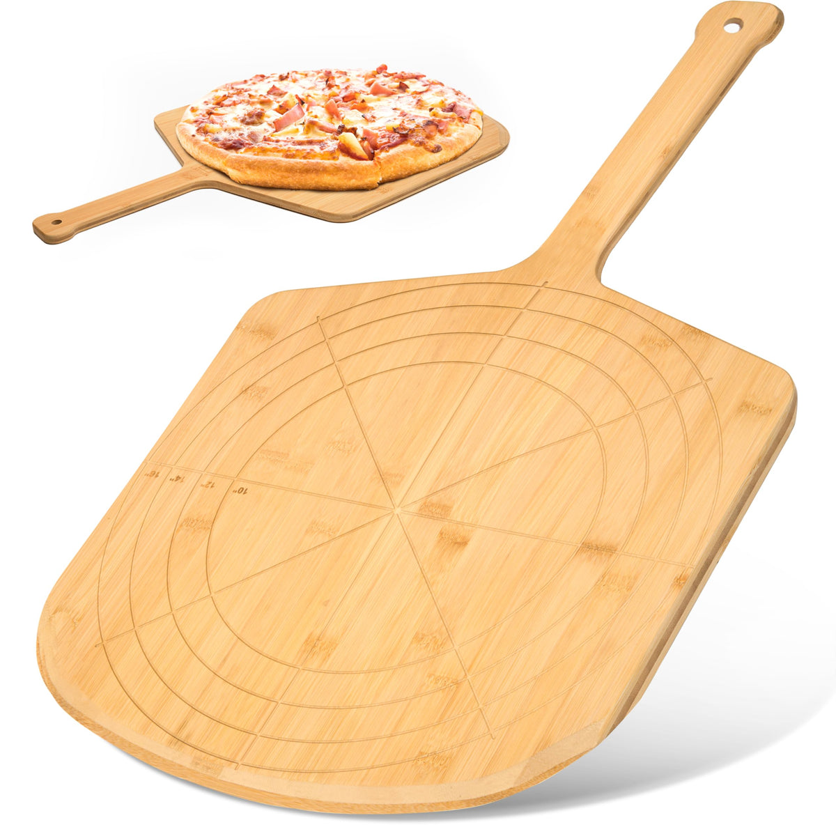 Loftern wooden pizza peel 16-inch with engraving for precise size guides on pizza night