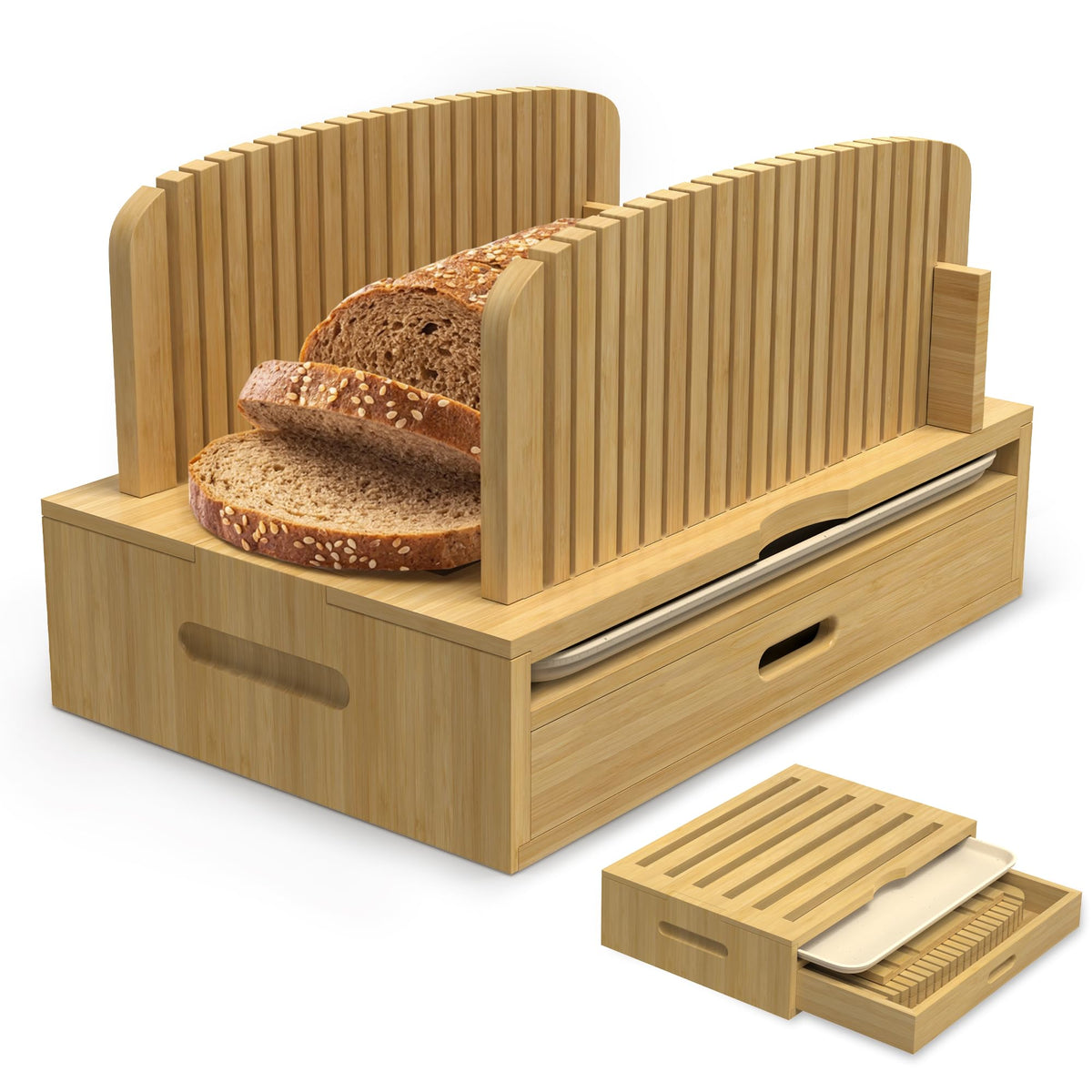 LOHASOK bamboo bread slicer guide, assembled, highlighting sturdy bamboo.