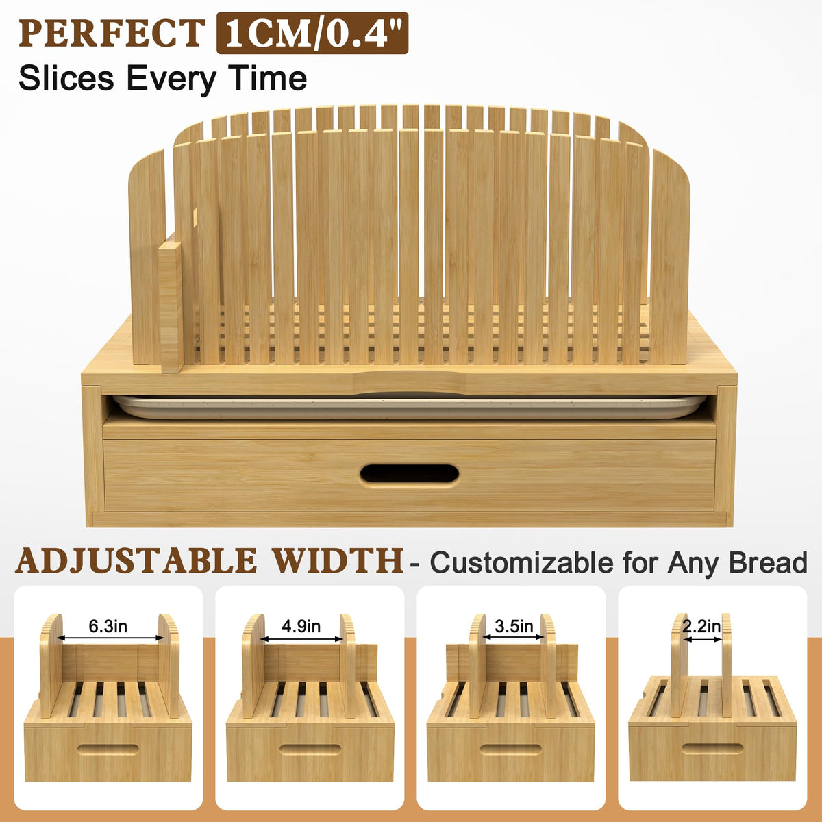 LOHASOK bread slicer with crumb tray catching crumbs during slicing.
