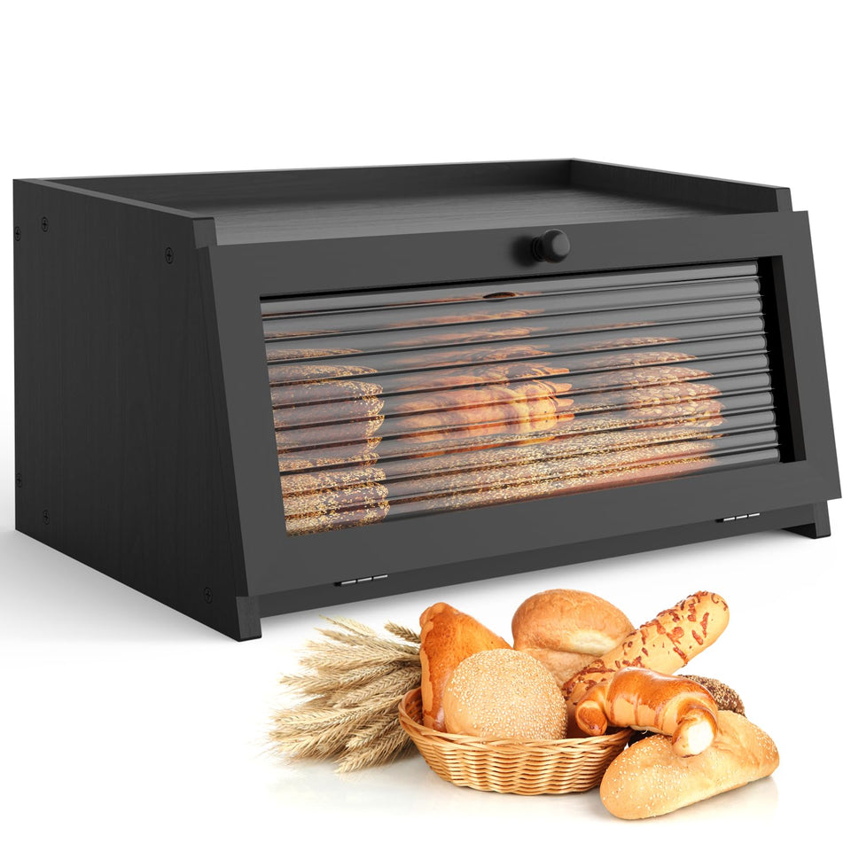 LOHASOK bread box front view with window showing contents and stylish black finish